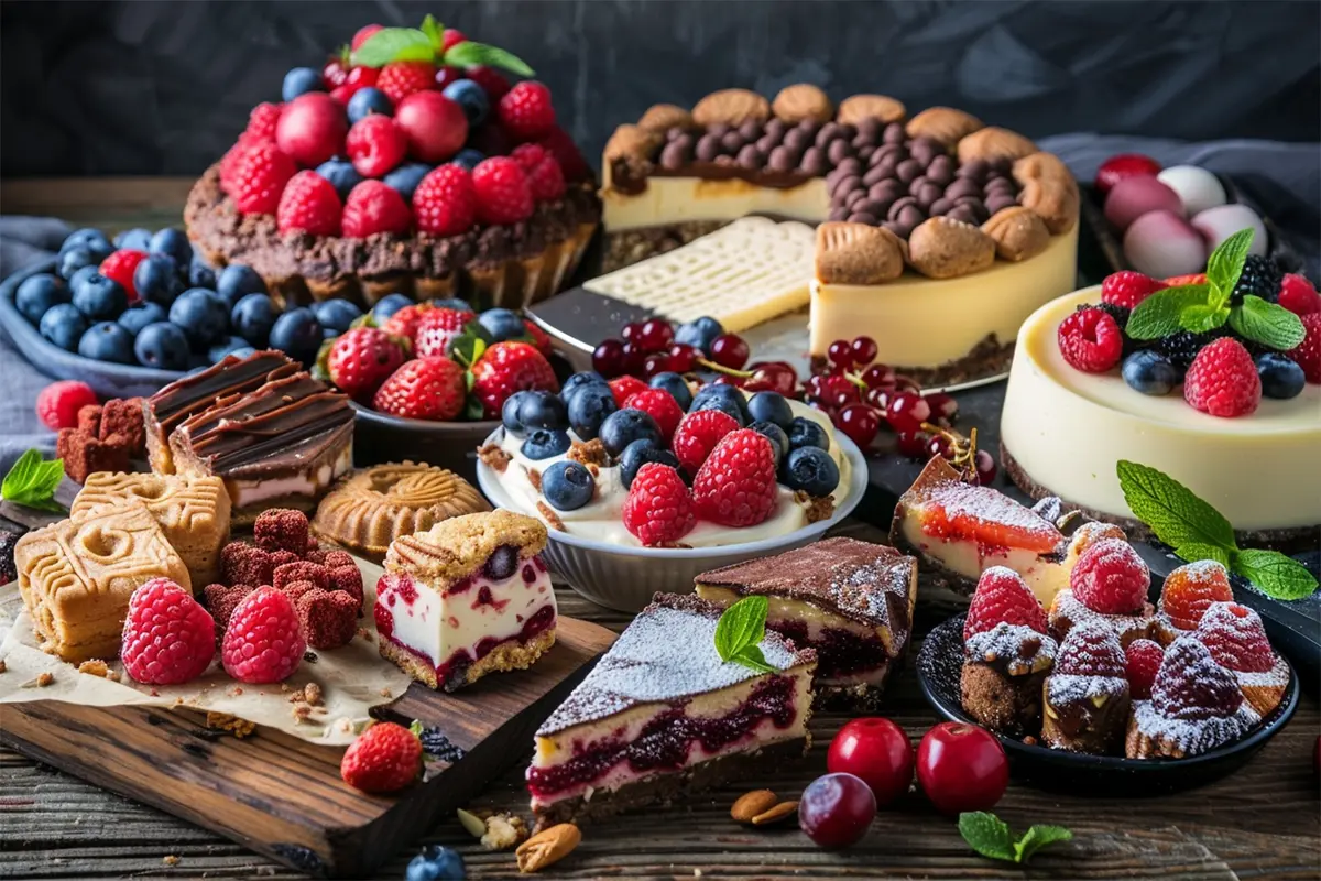 Assortment of keto desserts including cheesecake, cookies, and fat bombs.