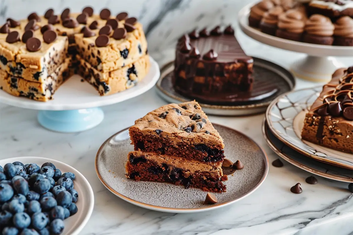 Collection of keto desserts including chocolate chip cookies, blueberry cake, and chocolate cake.