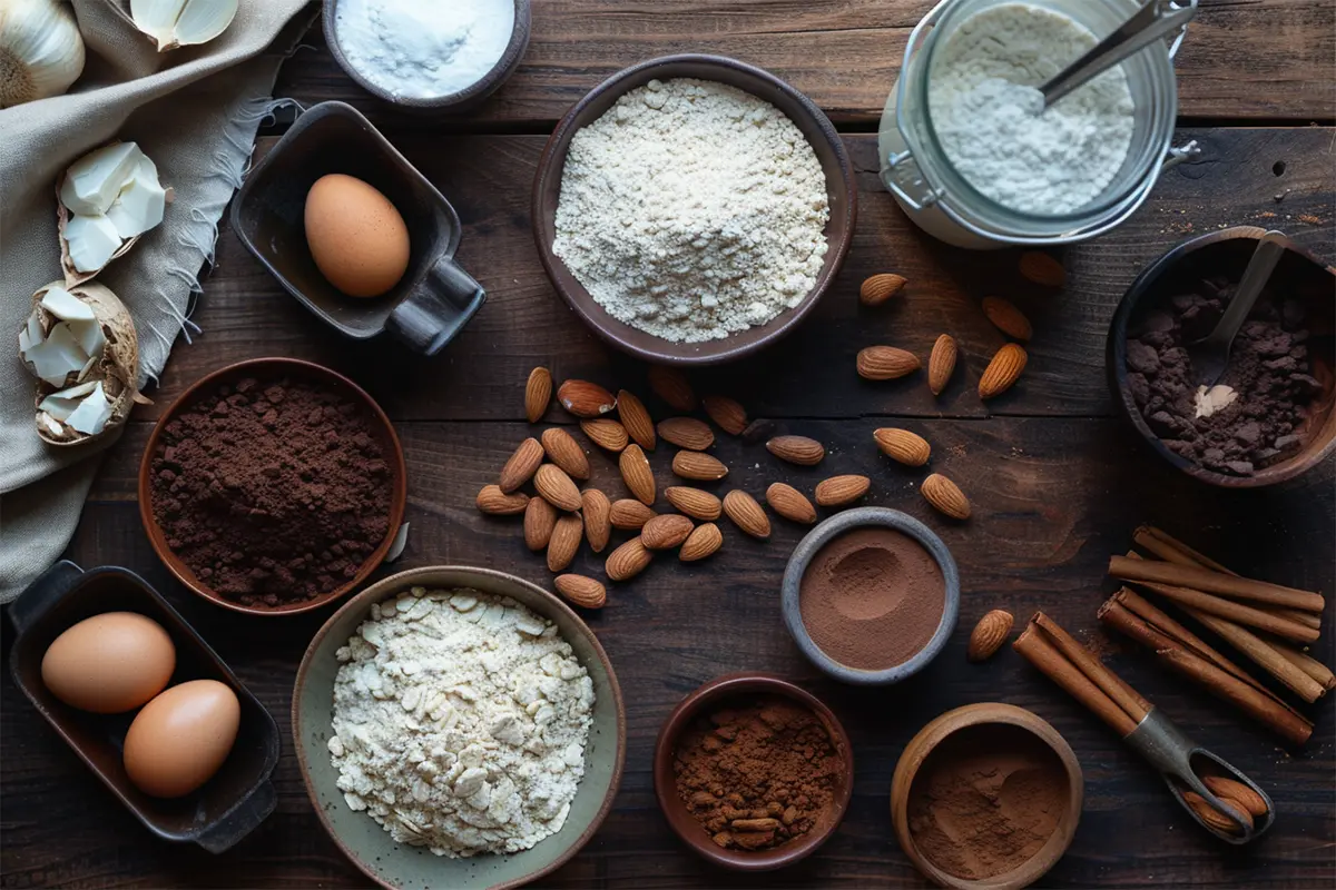 Ingredients for keto baking including almond flour, cocoa powder, and erythritol.