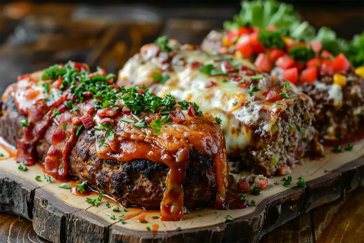 Different variations of meatloaf with various toppings like bacon, vegetables, and cheese, displayed on a serving platter