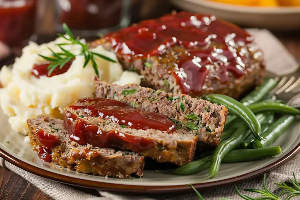 A slice of classic old fashioned meatloaf served with mashed potatoes and green beans