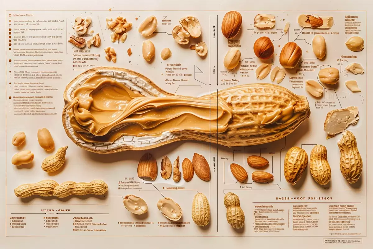 Infographic showing the nutritional profile of peanut butter, including fats, proteins, and carbs