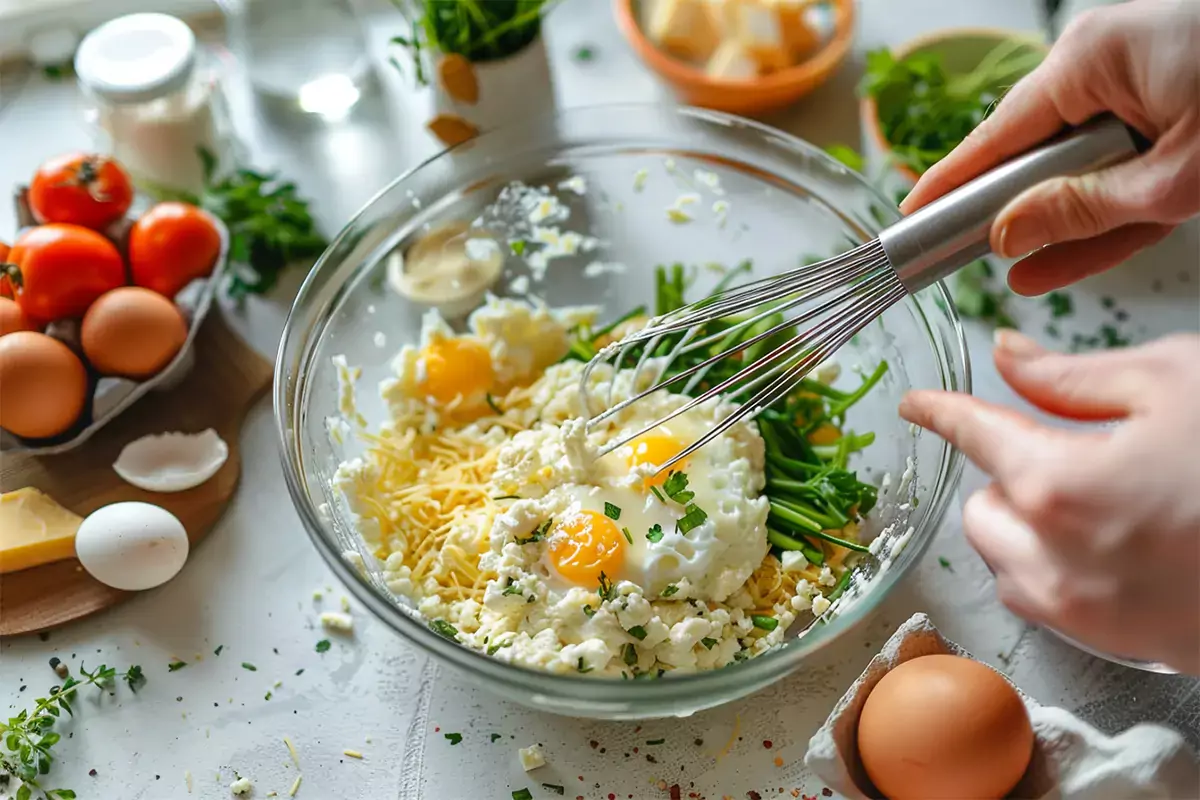 Ingredients for egg bites, including eggs, cheese, and vegetables, being mixed in a bowl.