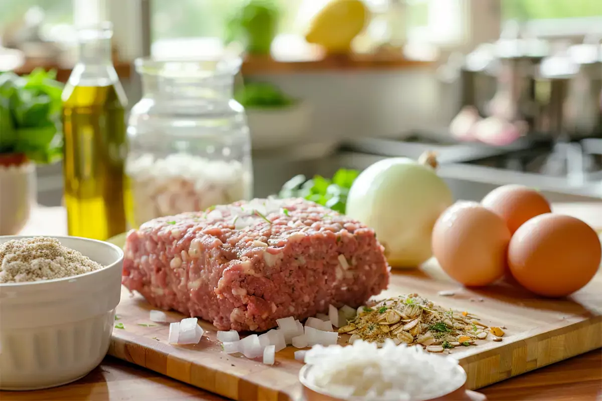 Ingredients for traditional meatloaf including ground beef, breadcrumbs, eggs, onions, and seasonings, laid out on a kitchen counter