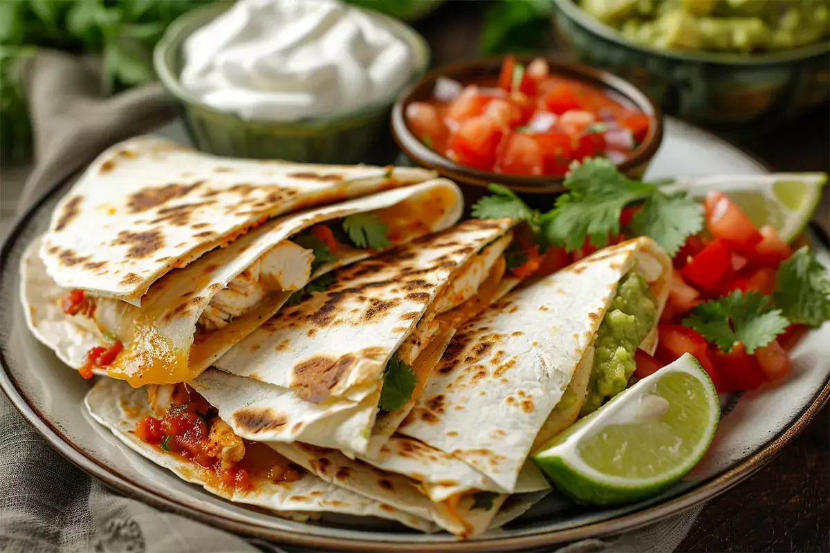 A served plate of chicken quesadilla cut into wedges with sides of salsa, guacamole, sour cream, and garnished with cilantro and lime wedges.