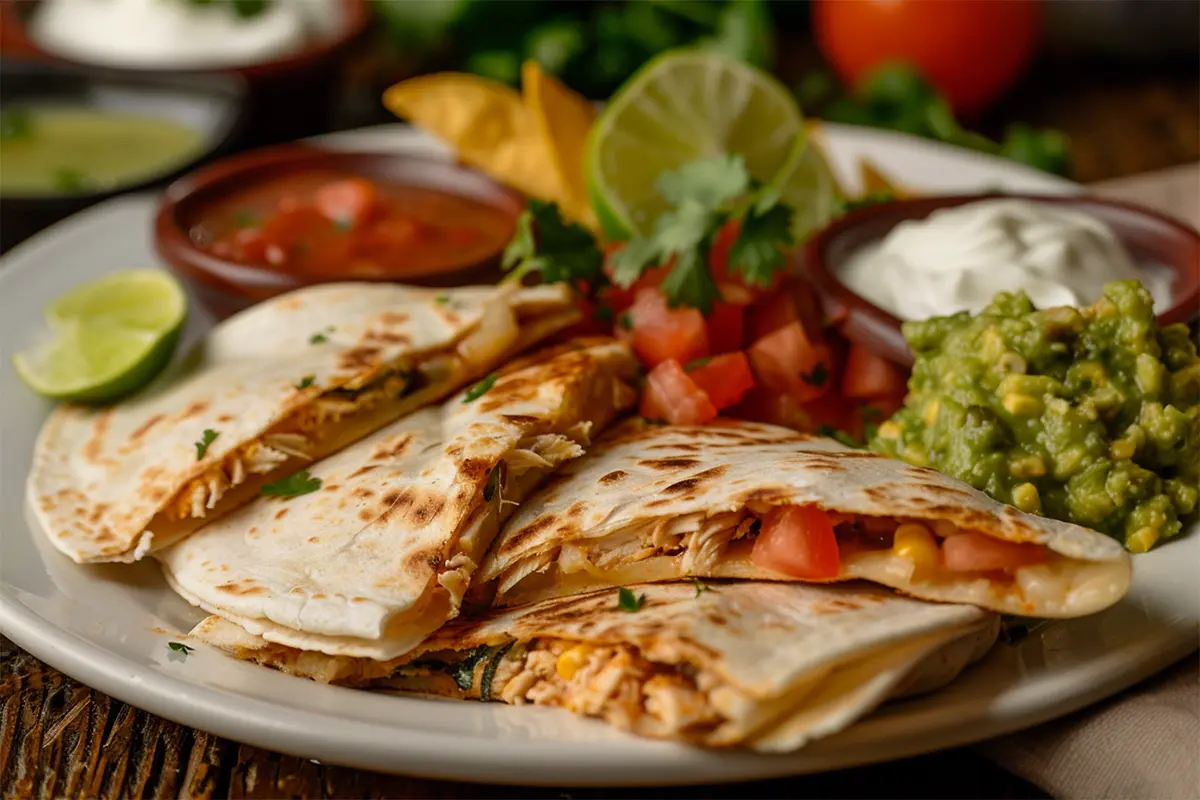 Plated chicken quesadillas cut into wedges, served with salsa, guacamole, and sour cream, garnished with fresh cilantro and lime wedges.