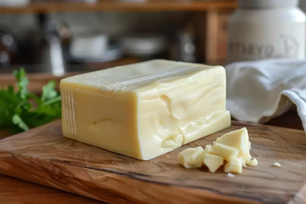 A block of Velveeta cheese on a wooden cutting board, showcasing its smooth texture.