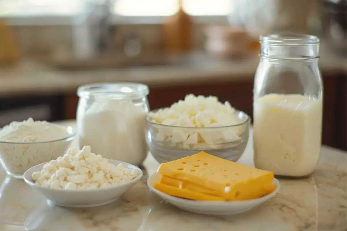 Various ingredients used in Velveeta cheese including whey protein, milk, and emulsifiers.