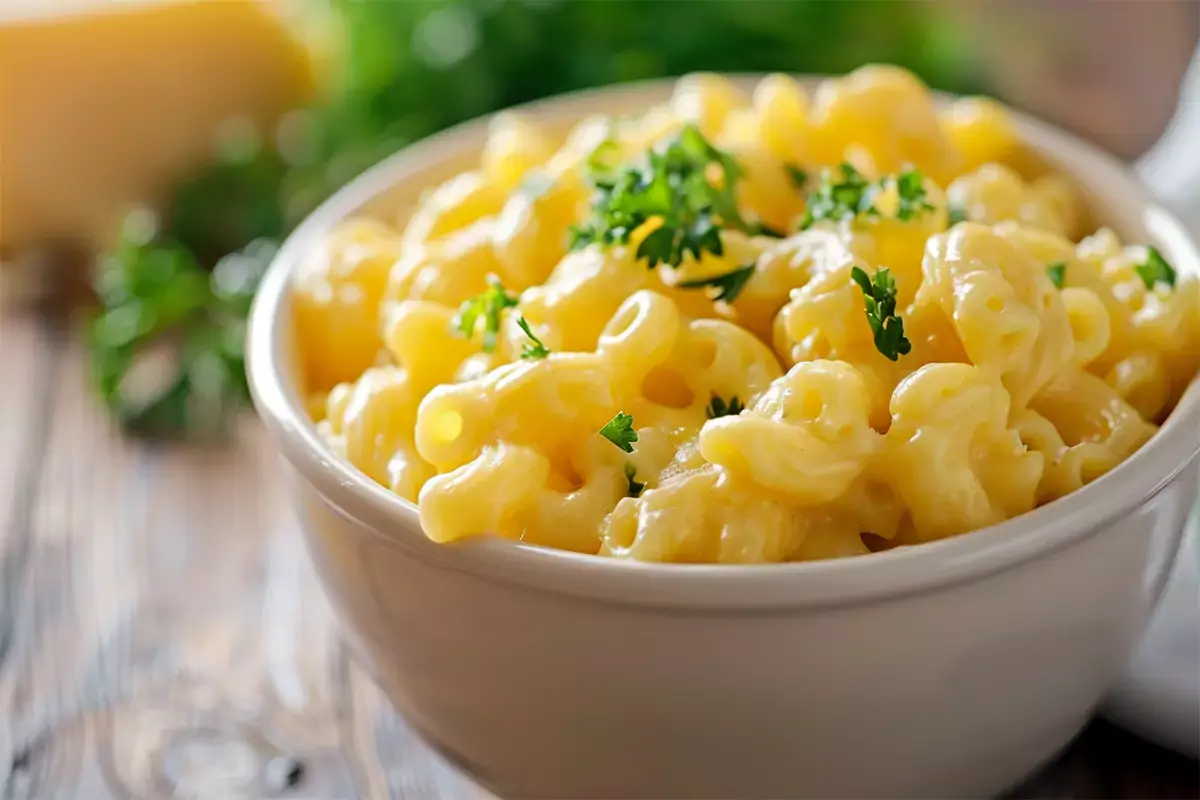 A delicious dish of macaroni and cheese made with Velveeta, garnished with parsley.