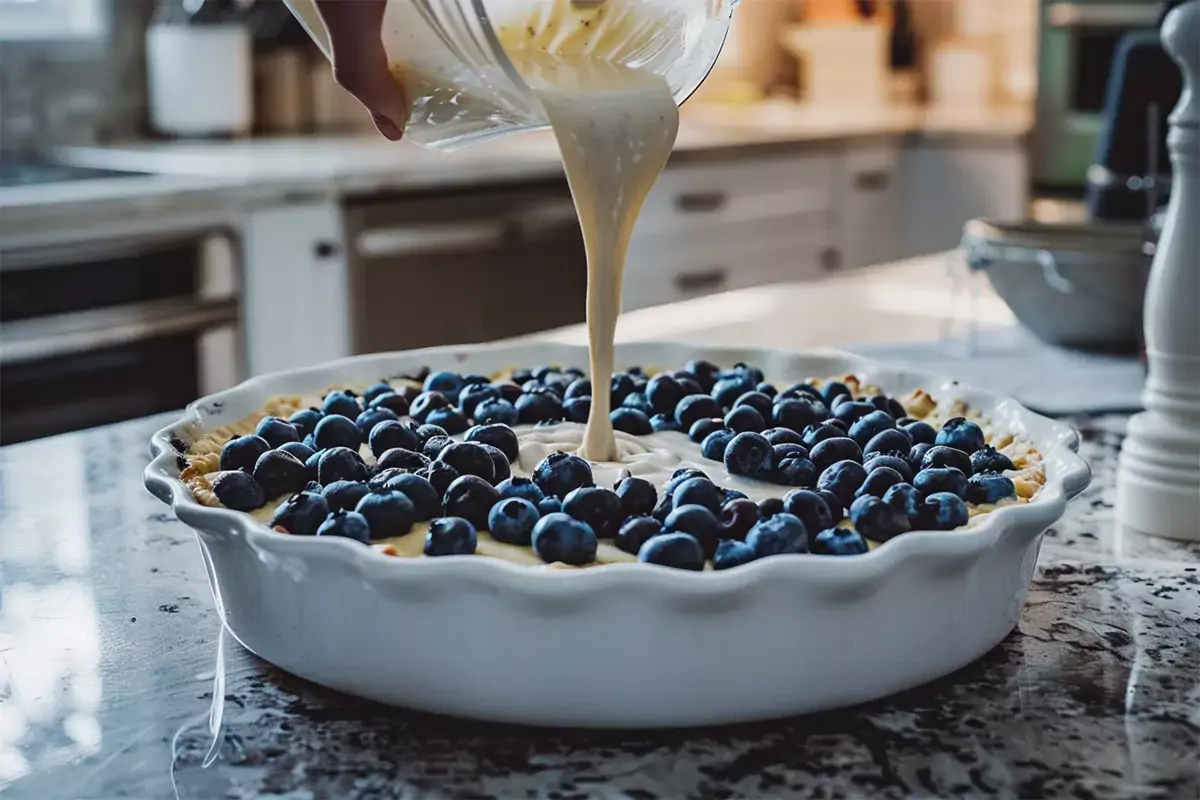 A baking dish filled with fresh blueberries being covered by smooth batter, in a bright kitchen