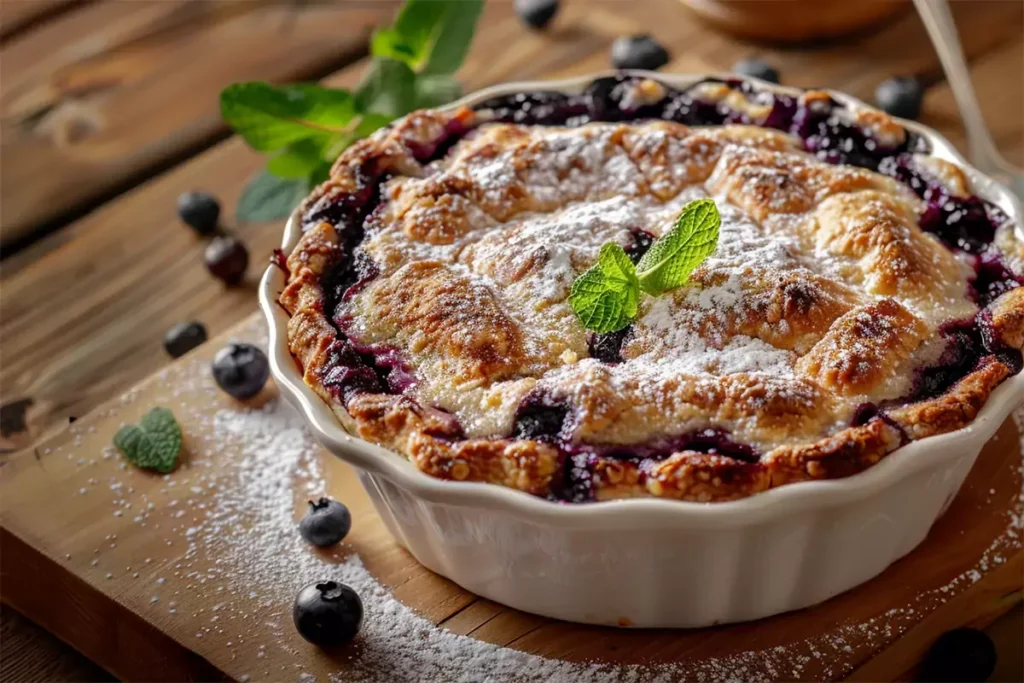 A beautifully plated blueberry cobbler with a golden brown crust, garnished with fresh mint leaves and a dusting of powdered sugar