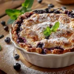 A beautifully plated blueberry cobbler with a golden brown crust, garnished with fresh mint leaves and a dusting of powdered sugar