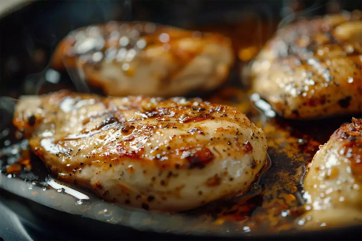 Chicken breasts being grilled or cooked in a skillet, seasoned with a golden brown crust for making Taco Bell Chicken Quesadilla