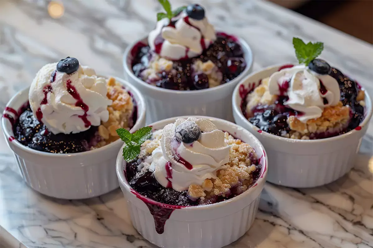 Three servings of blueberry cobbler, one with vanilla ice cream, one with whipped cream, and one with fresh cream, each garnished with mint, on a marble countertop