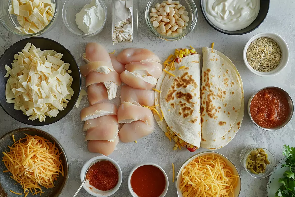 Ingredients for Taco Bell Chicken Quesadilla laid out on a kitchen counter, including chicken breasts, tortillas, shredded cheese, and sauce ingredients